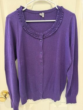 Caslon Purple Ruffle-Trim Button Cardigan